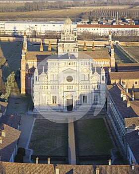 Aerial view over Certosa di Pavia monastery