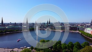 Aerial view over the city center of Hamburg with Alster River called Binnenalster