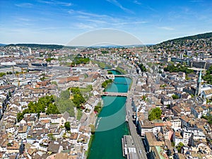 Aerial view over the city center of Zurich Switzerland and River Limmat