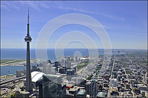 Aerial view over the city centre of Toronto, Ontario, Canada. Bird-eye view of Toronto with Lake Ontario