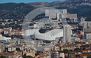 Aerial view over the city of Marseille, the Stade Velodrome.