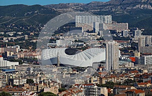 Aerial view over the city of Marseille, the Stade Velodrome. photo