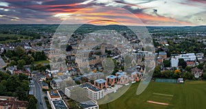 Aerial view over the city of Oxford with Oxford University.
