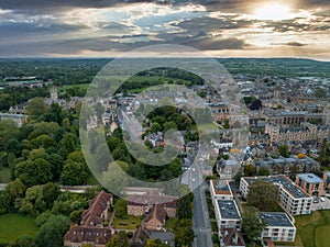 Aerial view over the city of Oxford with Oxford University.