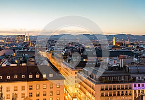 Aerial view over the cityscape of Vienna at night