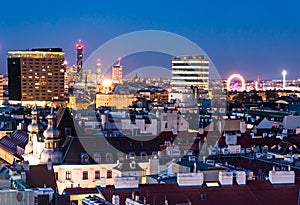 Aerial view over the cityscape of Vienna at night