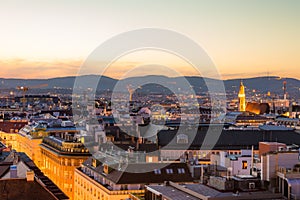 Aerial view over the cityscape of Vienna at night