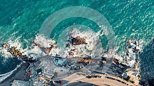 Aerial view over coast of Liguria, beach in Quarto dei Mille in Genova, Italy