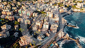 Aerial view over coast of Liguria, beach in Quarto dei Mille by Genova, Italy