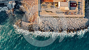 Aerial view over coast of Liguria, beach in Quarto dei Mille by Genova, Italy