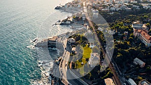 Aerial view over coast of Liguria, beach in Quarto dei Mille by Genova, Italy