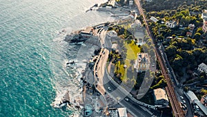 Aerial view over coast of Liguria, beach in Quarto dei Mille by Genova, Italy