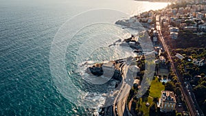 Aerial view over coast of Liguria, beach in Quarto dei Mille by Genova, Italy