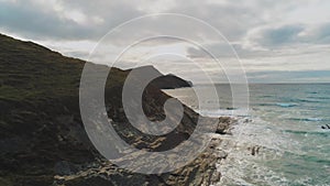 Aerial view over the coastline in Cornwall