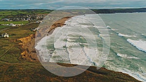 Aerial view over the coastline in Cornwall