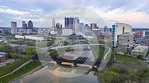 Aerial View over the Columbus Ohio Skyline Featuring Scioto River