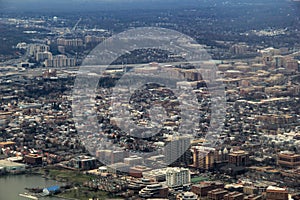 Aerial view over congested cityscape