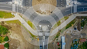 Aerial view over construction site, finishing work, new traffic roundabout