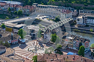 Aerial view over Covered wooden bridge in the town of Lovech in