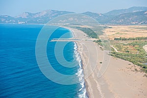 Aerial view over Dalaman beach and Sarigerme on the Meditteranean coast of Turkey