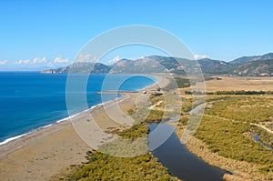 Aerial view over Dalaman river and beach in Turkey