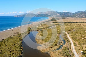 Aerial view over Dalaman river and beach in Turkey