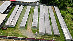 Aerial view over drying shelters, at Sao Tome.