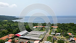 Aerial view over  drying shelters, at Sao Tome.
