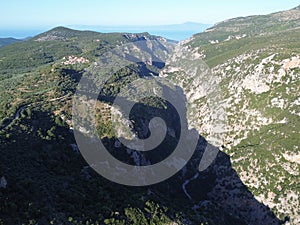 Aerial view over the famous Ridomo gorge in mountainous Mani area in Messenia, Peloponnese, Greece