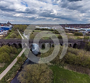 An aerial view over the Far Cotton Railway viaduct in Northampton, UK photo