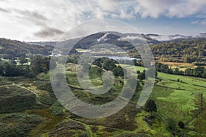 Aerial View over Great Langdale Valley at Sunrise in Lake District