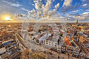 Aerial View over Groningen city at sunset