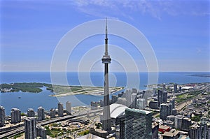 Aerial view over the Harbour front, Toronto, Ontario, Canada. Bird-eye view of Toronto Island Airport