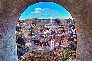Aerial view over historic centre of Chesky Krumlov old town in the South Bohemian Region of the Czech Republic