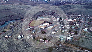 Aerial view over historic Maupin Oregon Deschutes river