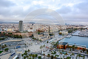 Aerial view over historical city center of Barcelona Spain