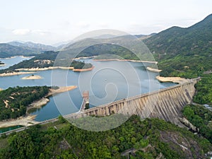 Aerial view over Hong Kong Tai Lam Chung Reservoir under smokey weather photo