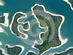 Aerial view over Hong Kong Tai Lam Chung Reservoir under smokey weather