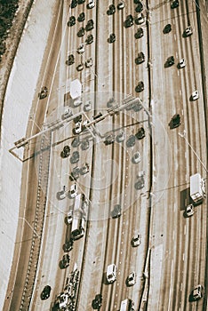 Aerial View over Interstate busy traffic on a sunny day. City Cityscape Urban Skyline, business concept