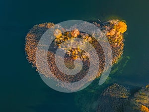 Aerial view over an island. The island is formed as a green heart. Surrounded by water, ocean, sea, lake