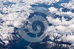 Aerial view over Kinbasket Lake, British Columbia, Canada