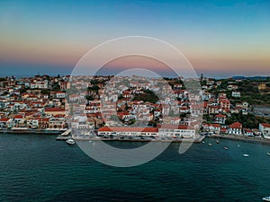 Aerial view over Koroni seaside city at sunset. Koroni  Messenia  Greece