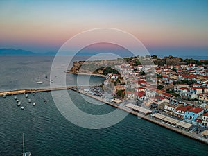 Aerial view over Koroni seaside city at sunset. Koroni  Messenia  Greece