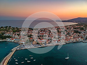 Aerial view over Koroni seaside city at sunset. Koroni  Messenia  Greece