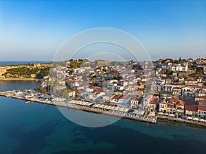 Aerial view over Koroni seaside city at sunset. Koroni, Messenia, Greece