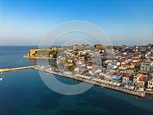 Aerial view over Koroni seaside city at sunset. Koroni, Messenia, Greece