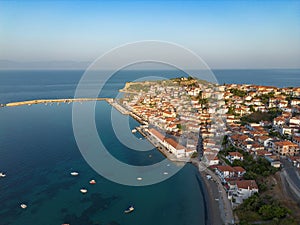 Aerial view over Koroni seaside city at sunset. Koroni, Messenia, Greece