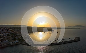 Aerial view over Koroni seaside city at sunset. Koroni, Messenia, Greece