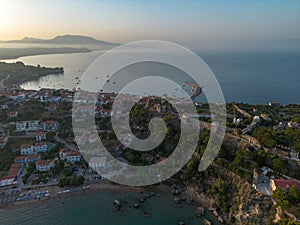 Aerial view over Koroni seaside city at sunset. Koroni, Messenia, Greece