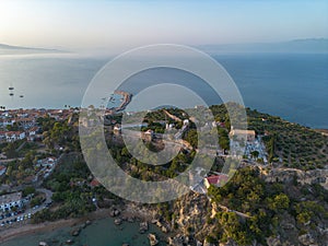 Aerial view over Koroni seaside city at sunset. Koroni, Messenia, Greece